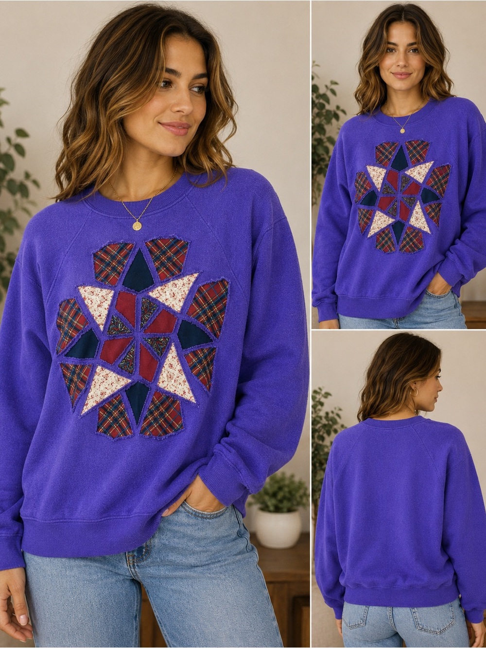 Vintage 90s Fruit of the Loom Purple Patchwork Appliqué Sweatshirt Women’s
